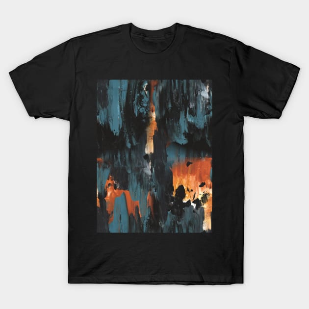New dawn rusty orange - fluid painting pouring image in teal, black and orange T-Shirt by nobelbunt